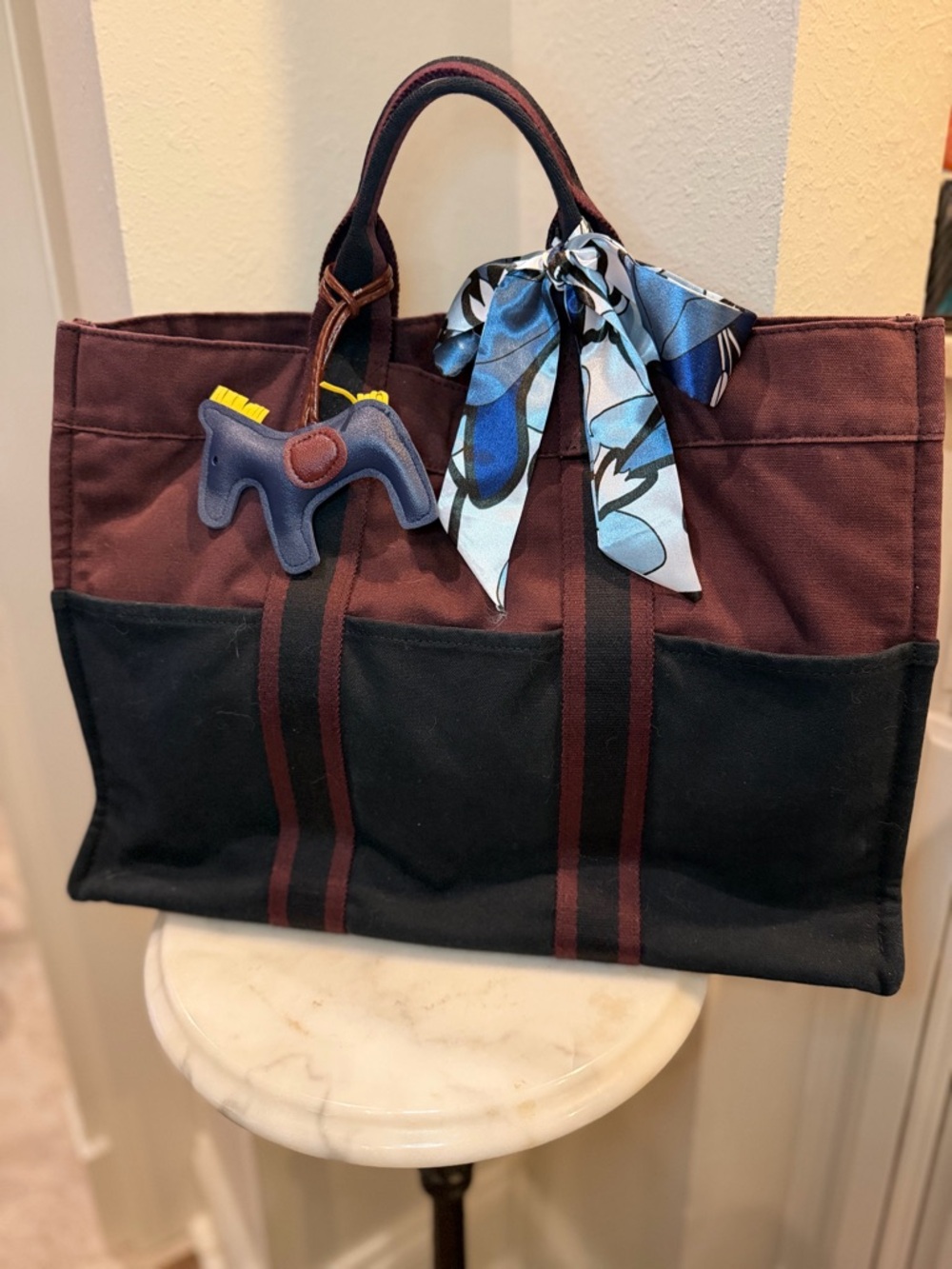 Hermes MM Fourre Toute Tote in Burgundy and Navy with Blue Scarf and horse.